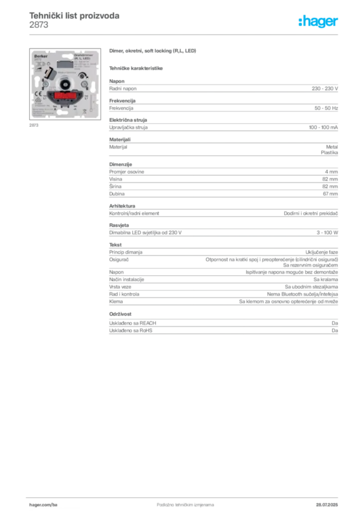 Slika Hager Product data sheet 2873  | Hager