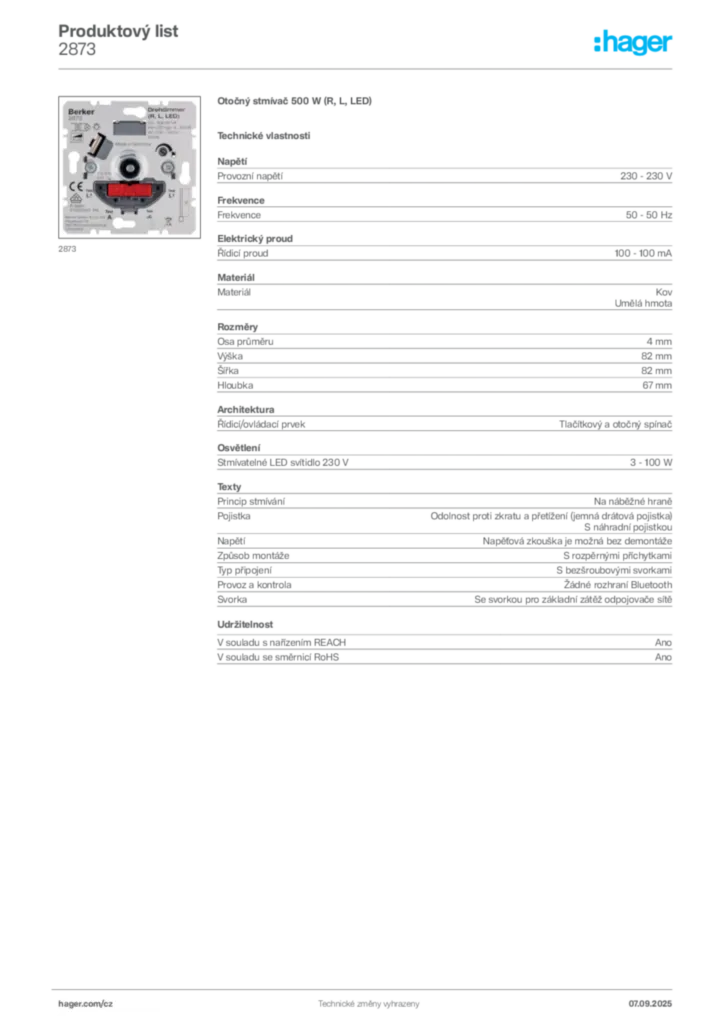 Obrázek Hager Produktový list 2873 | Hager