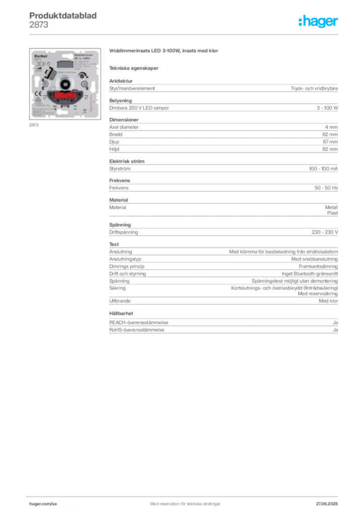 Bild Hager Produktdatablad 2873 | Hager Sverige