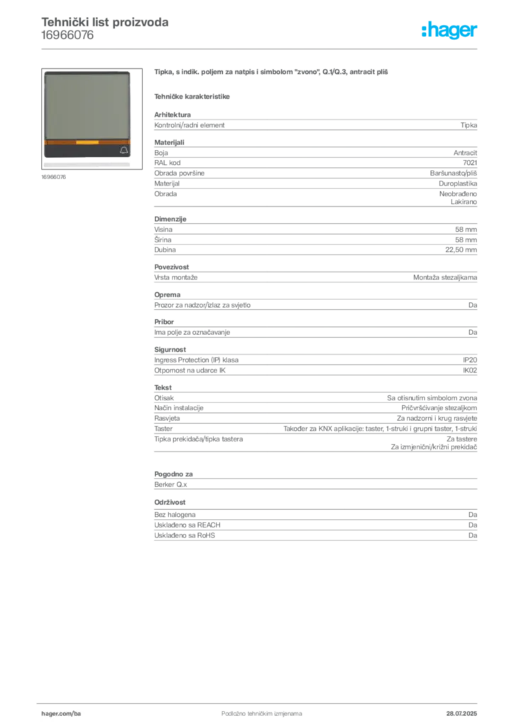 Slika Hager Product data sheet 16966076  | Hager