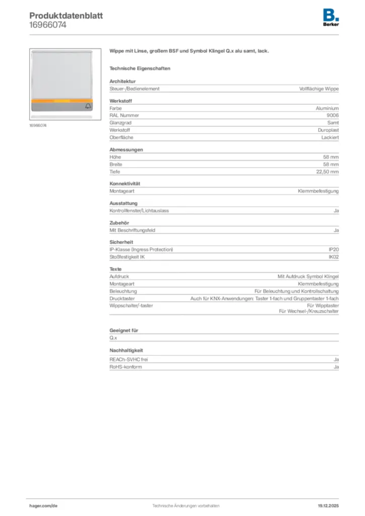 Bild Berker Produktdatenblatt 16966074 | Hager Deutschland