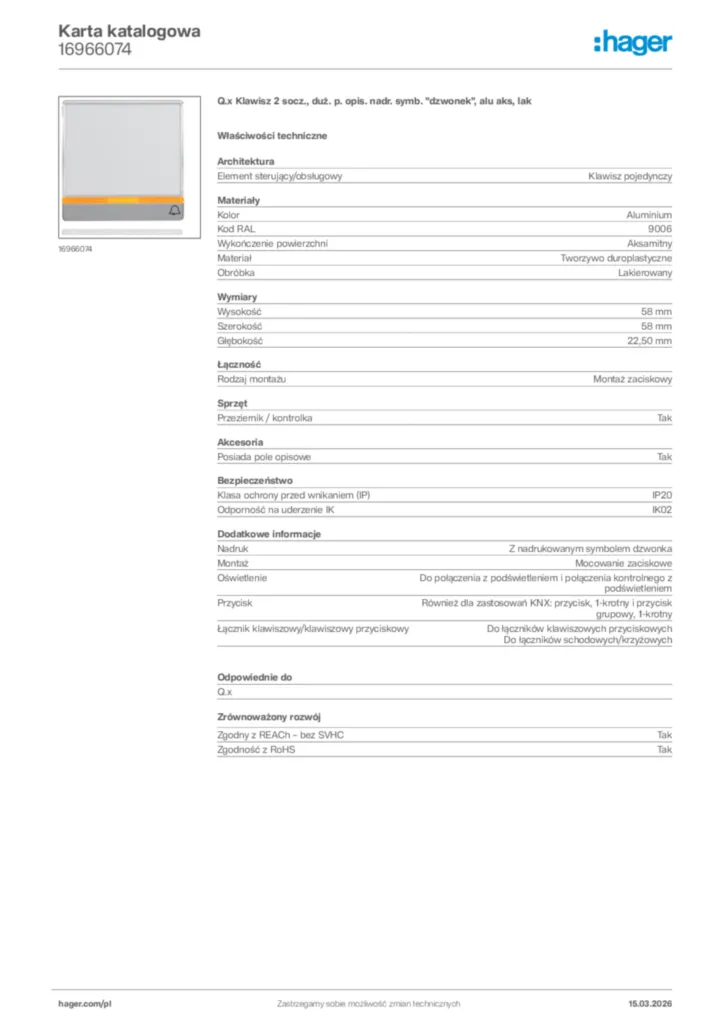 Zdjęcie Hager Karta katalogowa 16966074 | Hager Polska