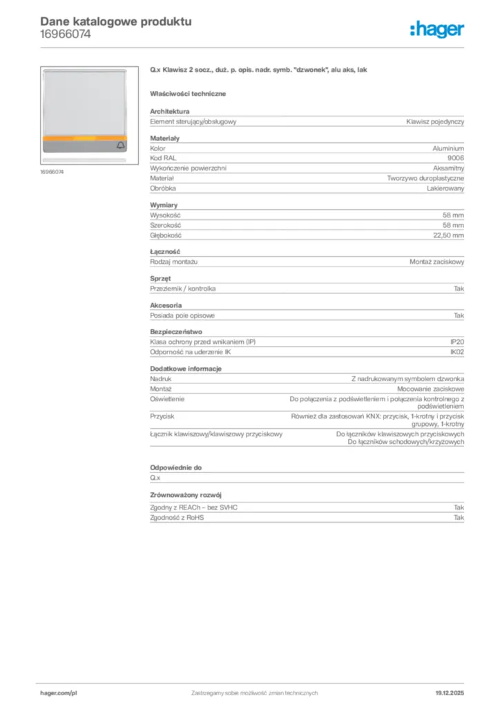 Zdjęcie Hager Karta katalogowa 16966074 | Hager Polska