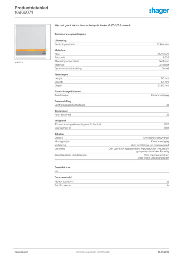 Afbeelding Hager Productdatablad 16966074 | Hager Nederland