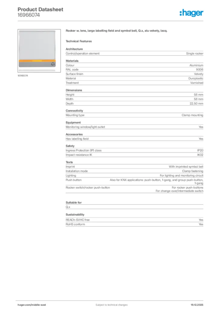 Image Hager Product data sheet 16966074  | Hager