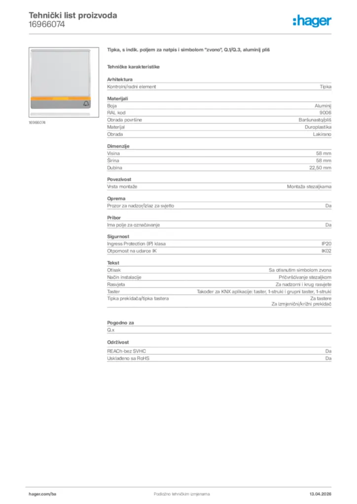 Slika Hager Tehnički list proizvoda 16966074  | Hager
