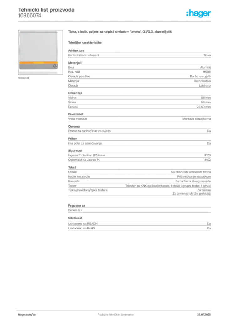 Slika Hager Product data sheet 16966074  | Hager