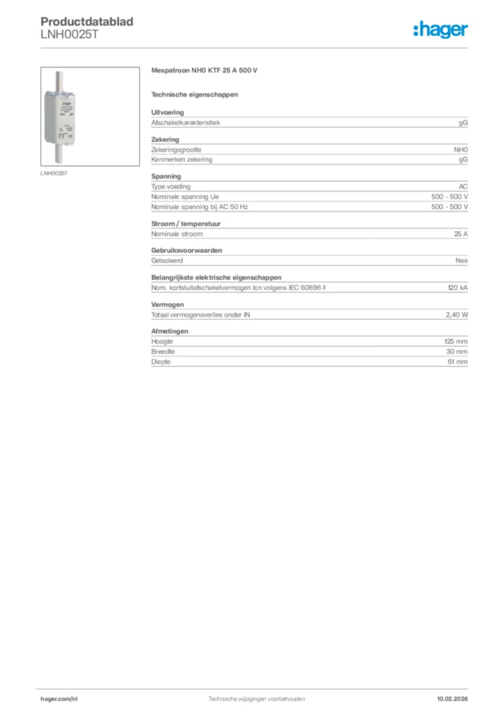 Afbeelding Hager Productdatablad LNH0025T | Hager Nederland