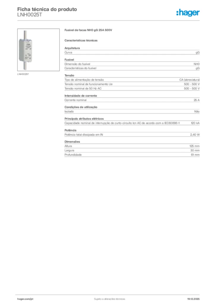 Imagem Hager Ficha técnica do produto LNH0025T | Hager Portugal