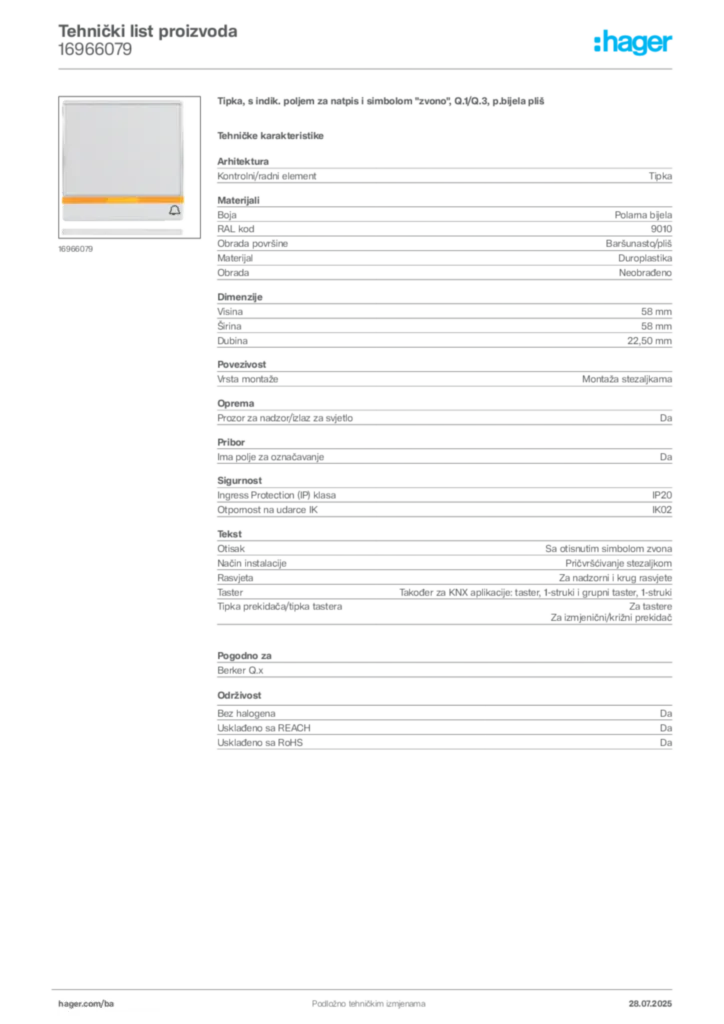 Slika Hager Product data sheet 16966079  | Hager