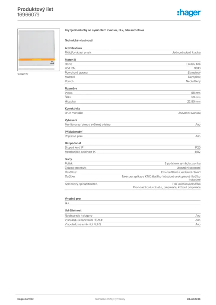 Obrázek Hager Product data sheet 16966079 | Hager