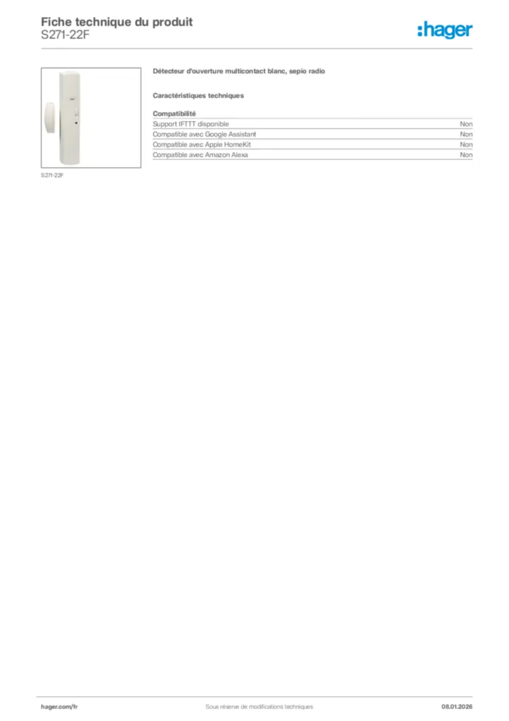 Image Hager Fiche technique du produit S271-22F | Hager France