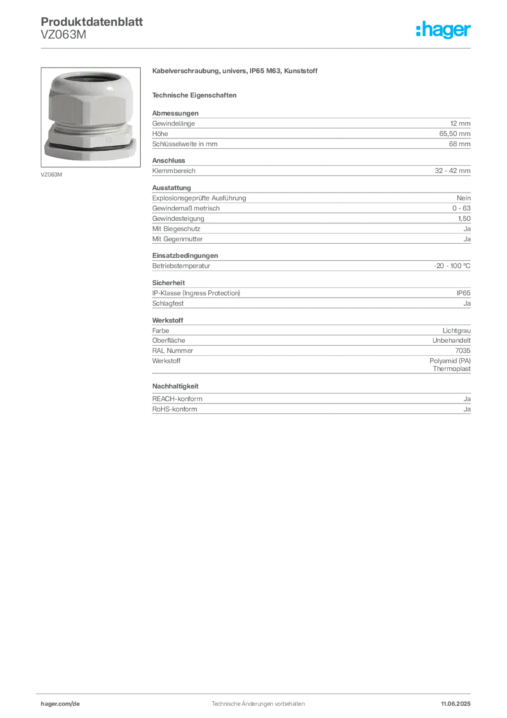 Hager Produktdatenblatt VZ063M