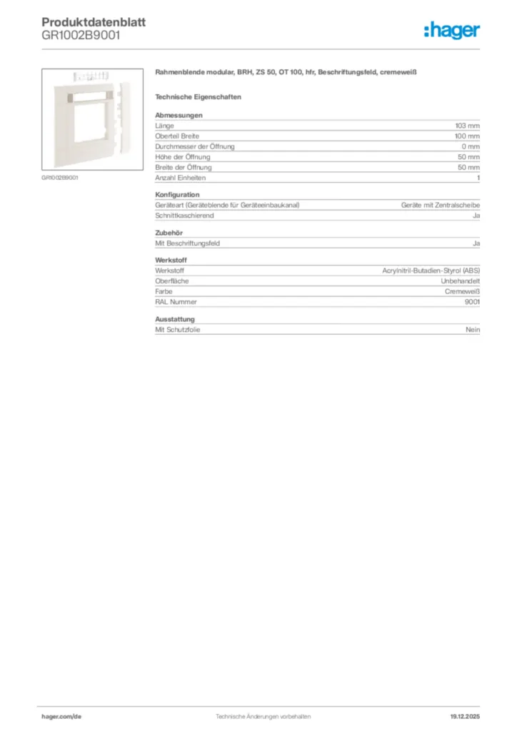 Bild Hager Produktdatenblatt GR1002B9001 | Hager Deutschland