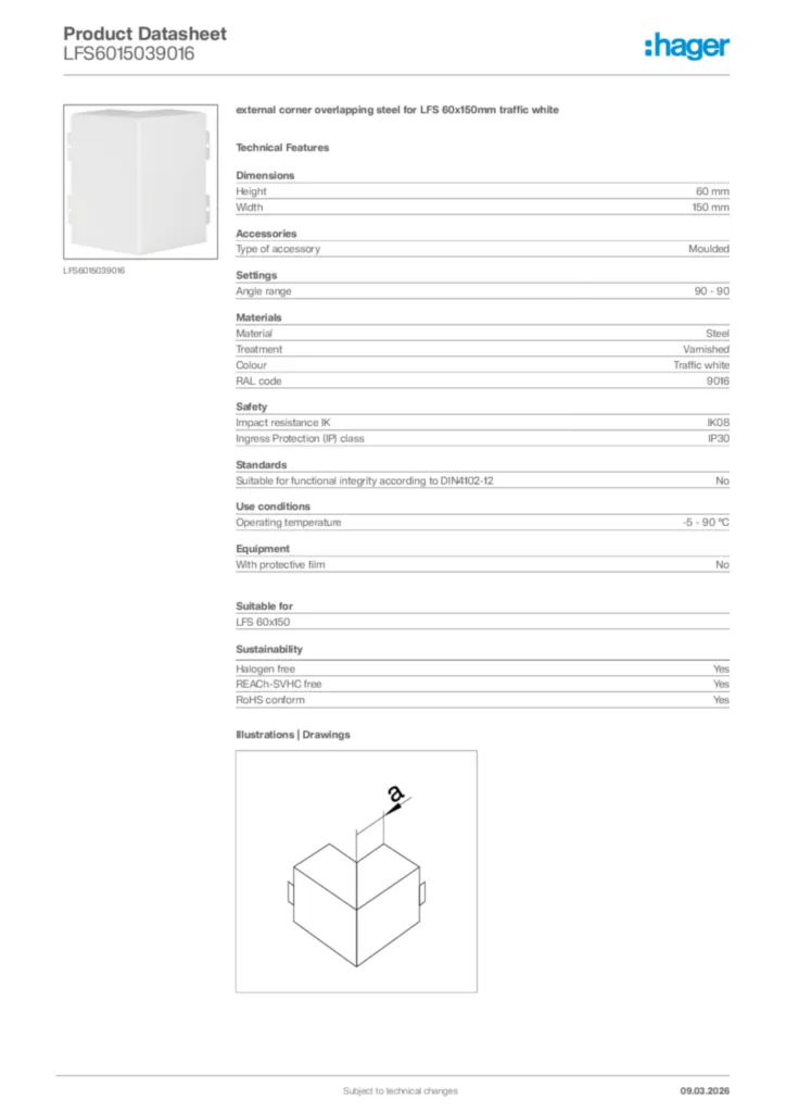 Image Hager Product data sheet LFS6015039016  | Hager Africa