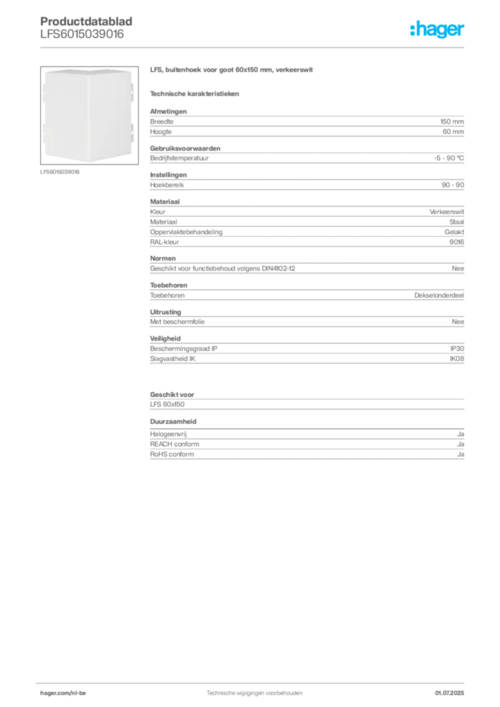 Afbeelding Hager Productdatablad LFS6015039016 | Hager Belgium
