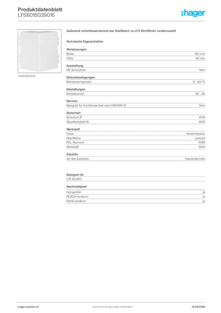 Bild Hager Produktdatenblatt LFS6015039016 | Hager Schweiz