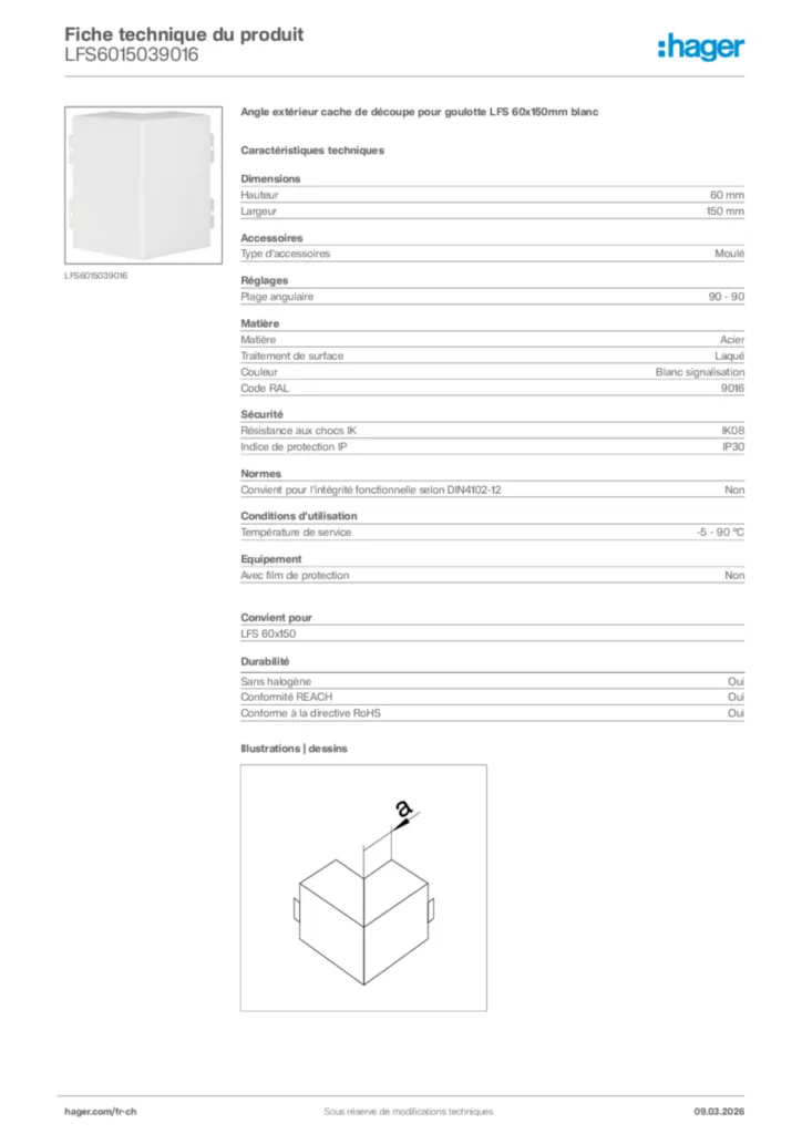 Image Hager Fiche technique du produit LFS6015039016 | Hager Suisse