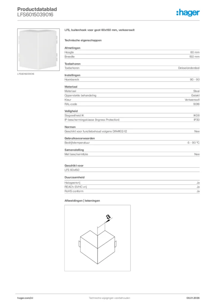 Afbeelding Hager Productdatablad LFS6015039016 | Hager Nederland