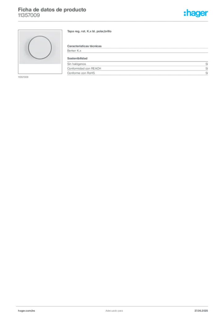 Imagen Hager Ficha de datos de producto 11357009 | Hager España