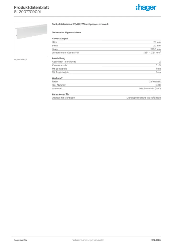 Bild Hager Produktdatenblatt SL2007709001 | Hager Deutschland