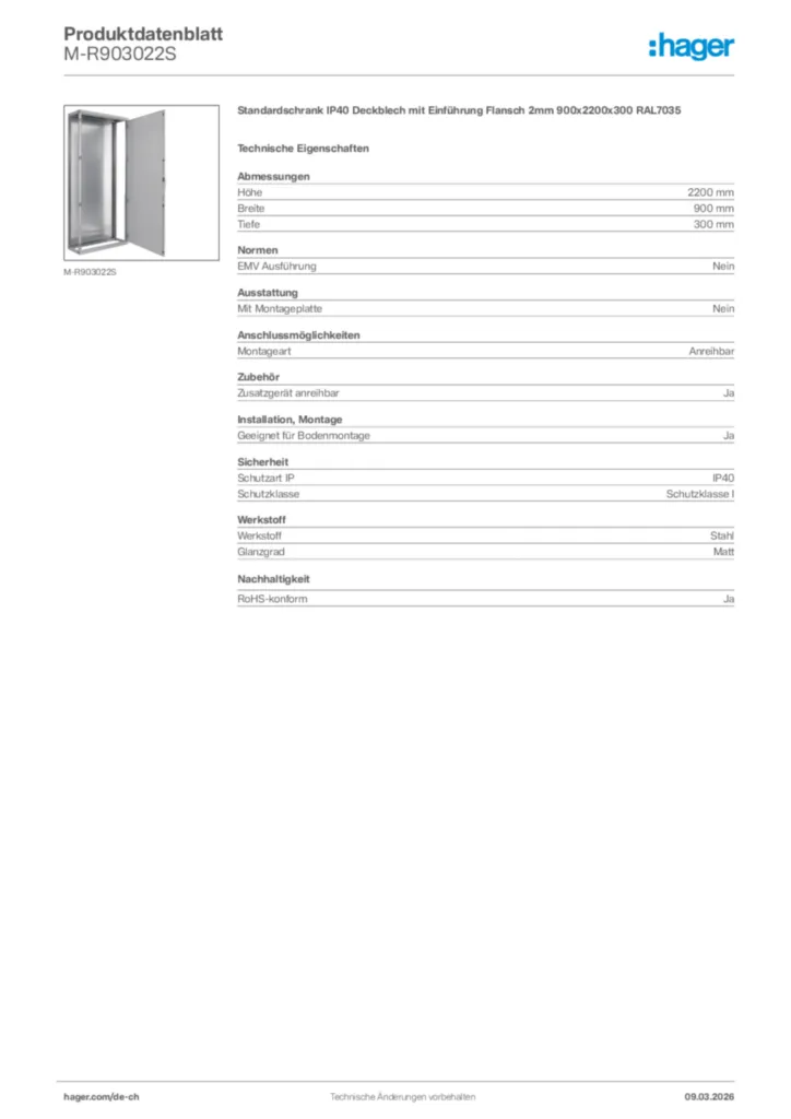 Bild Hager Produktdatenblatt M-R903022S | Hager Schweiz