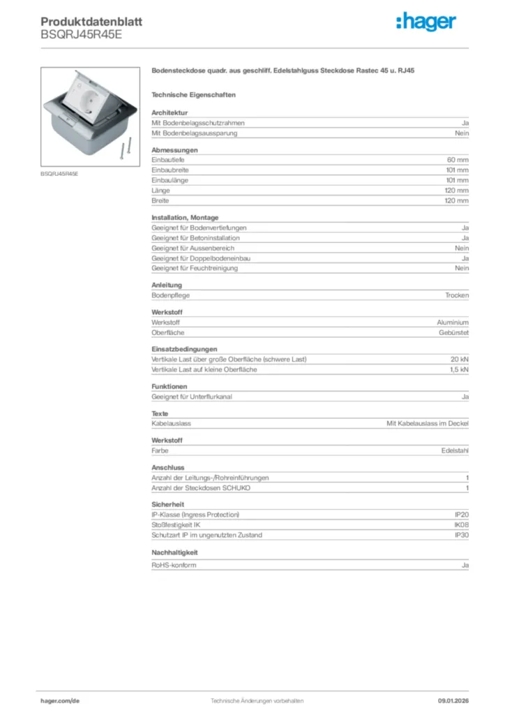 Bild Hager Produktdatenblatt BSQRJ45R45E | Hager Deutschland
