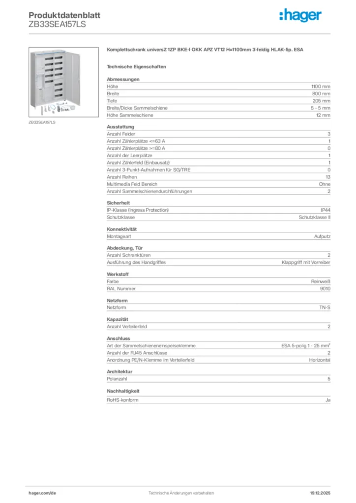 Bild Hager Produktdatenblatt ZB33SEA157LS | Hager Deutschland