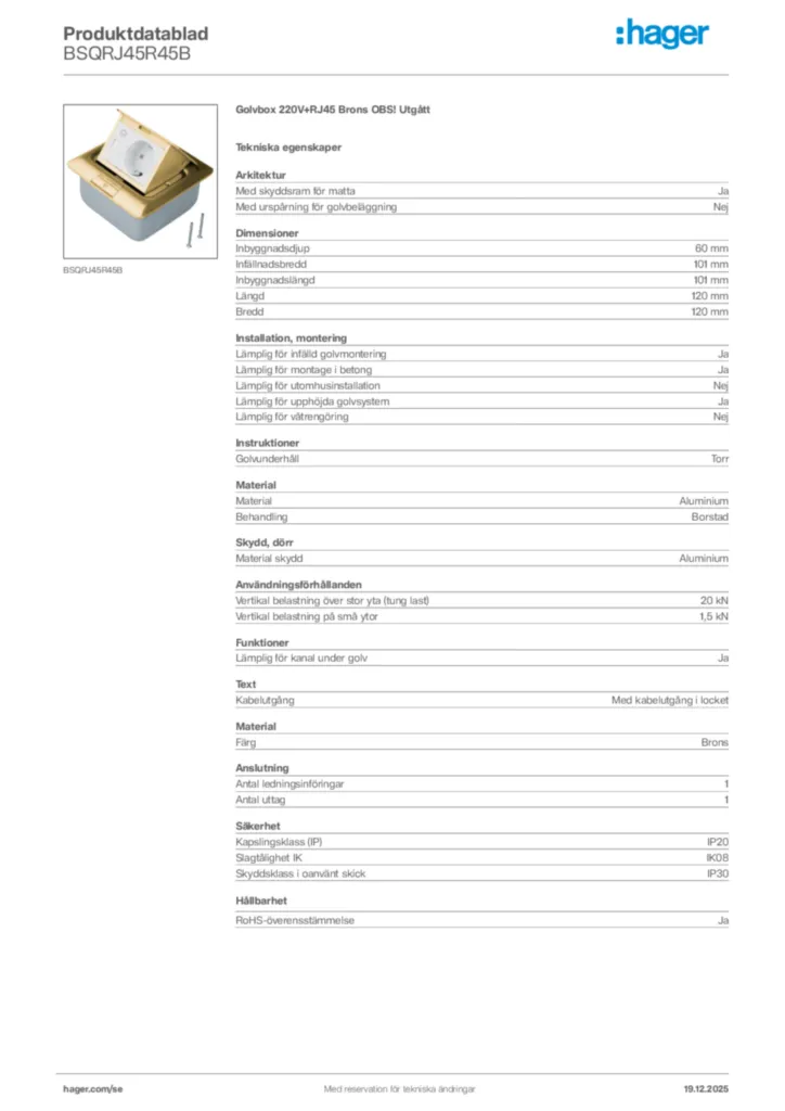 Bild Hager Produktdatablad BSQRJ45R45B | Hager Sverige