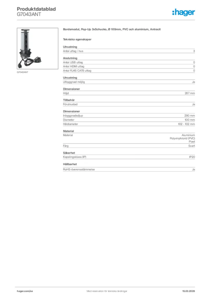 Bild Hager Produktdatablad G7043ANT | Hager Sverige