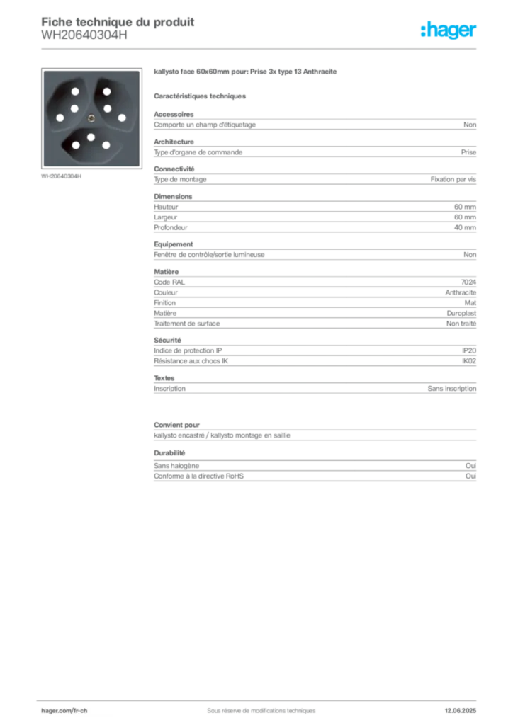 Image Hager Fiche technique du produit WH20640304H | Hager Suisse