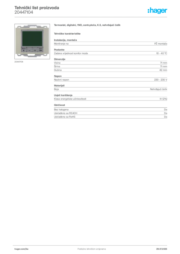 Slika Hager Product data sheet 20447104  | Hager