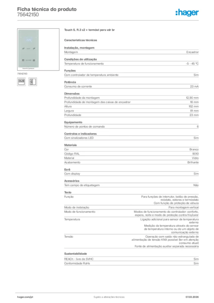 Imagem Hager Ficha técnica do produto 75642150 | Hager Portugal