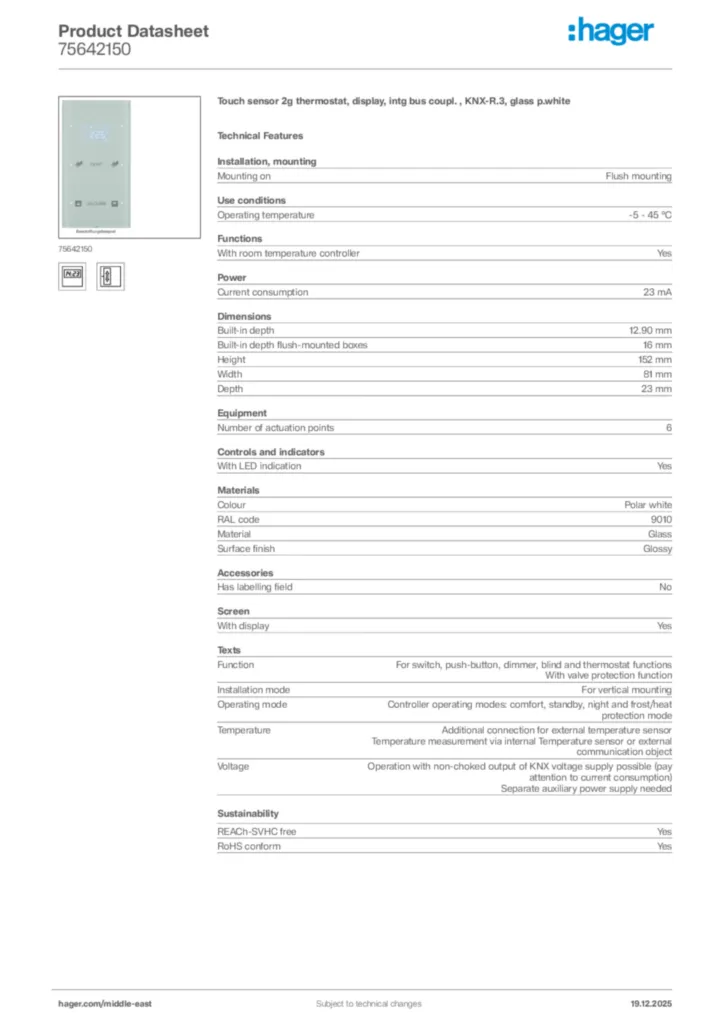 Image Hager Product data sheet 75642150  | Hager