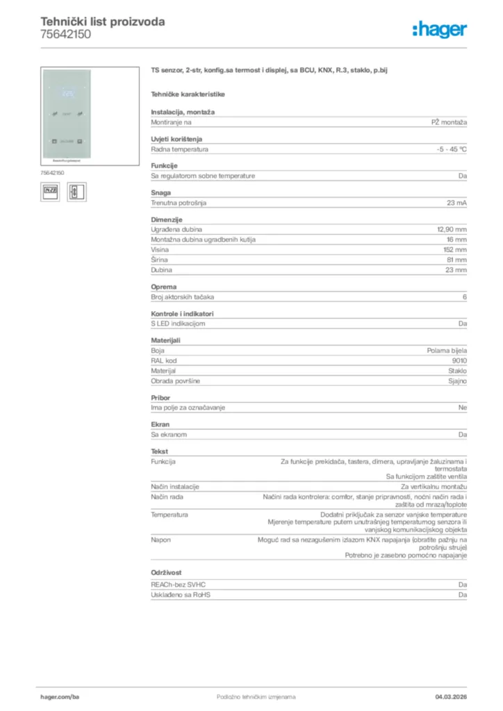 Slika Hager Tehnički list proizvoda 75642150  | Hager