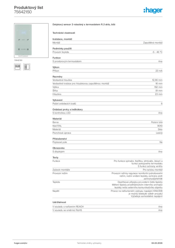 Obrázek Hager Product data sheet 75642150 | Hager