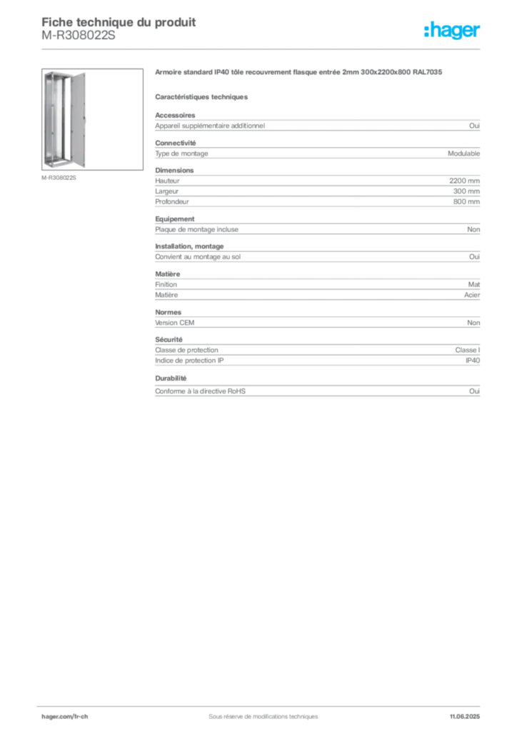 Image Hager Fiche technique du produit M-R308022S | Hager Suisse
