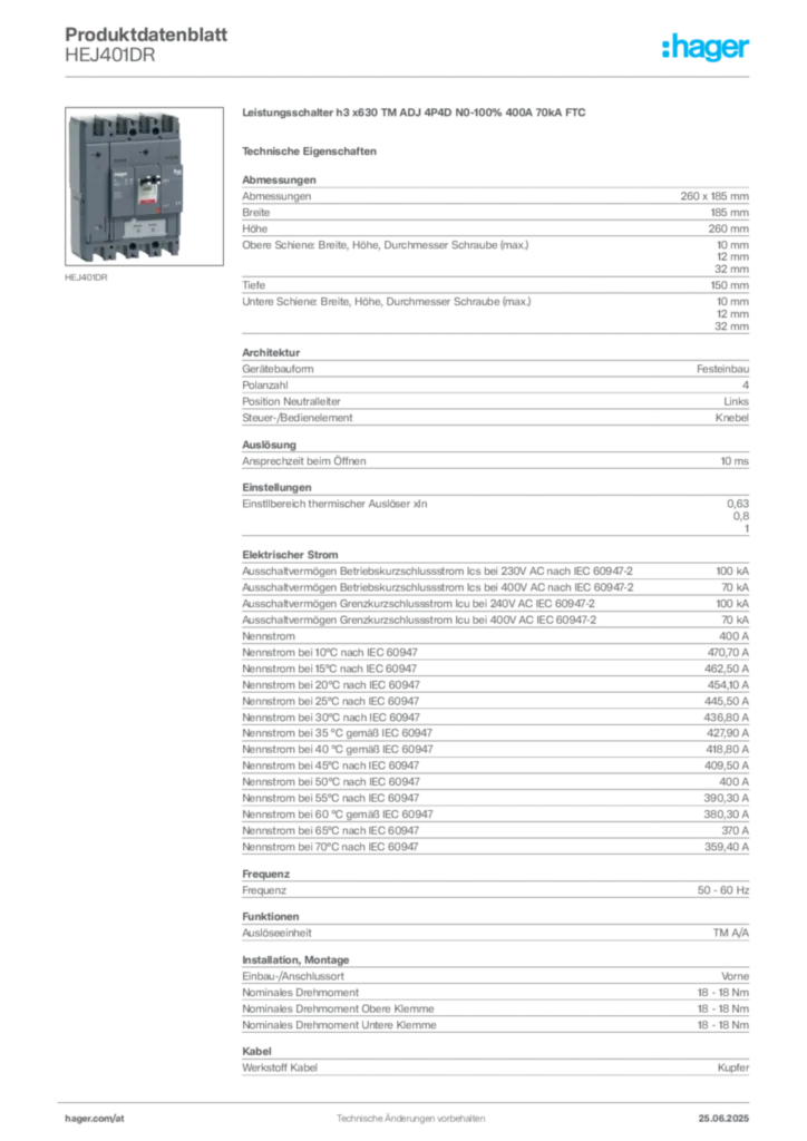 Bild Hager Produktdatenblatt HEJ401DR | Hager Deutschland