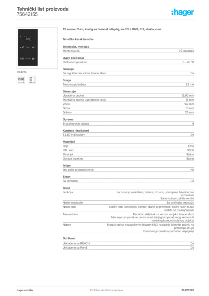 Slika Hager Product data sheet 75642155  | Hager