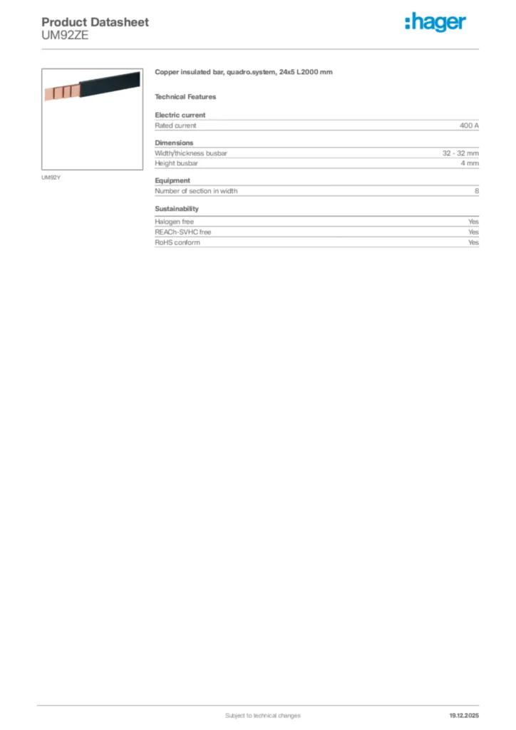 Image Hager Product data sheet UM92ZE  | Hager Africa