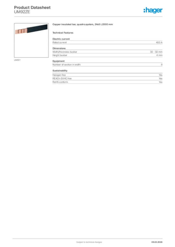 Image Hager Product data sheet UM92ZE  | Hager Africa