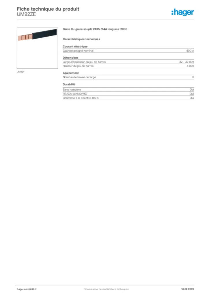Image Hager Fiche technique du produit UM92ZE | Hager Afrique