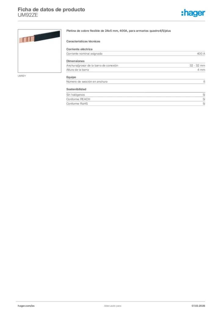 Imagen Hager Ficha de datos de producto UM92ZE | Hager España