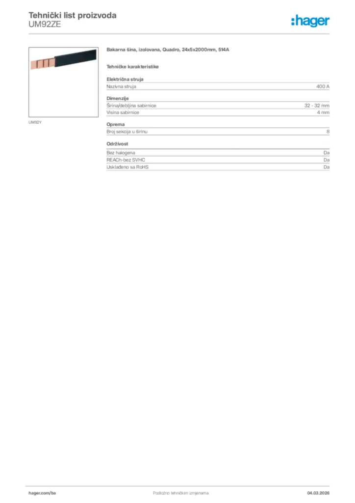 Slika Hager Tehnički list proizvoda UM92ZE  | Hager