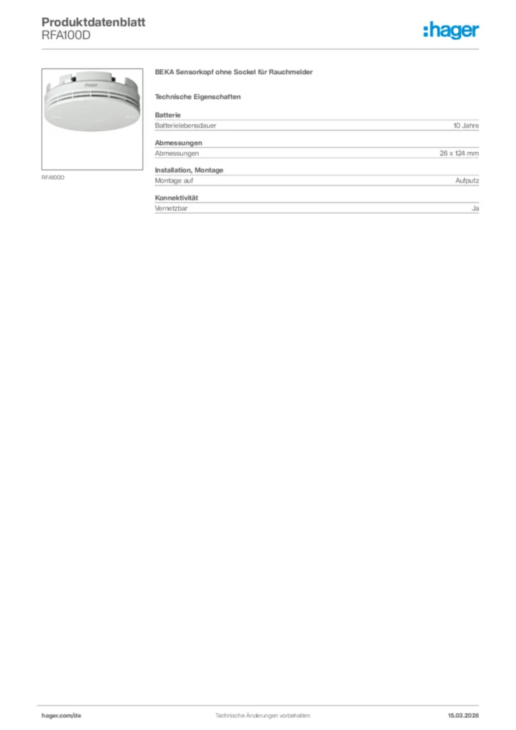 Bild Hager Produktdatenblatt RFA100D | Hager Deutschland
