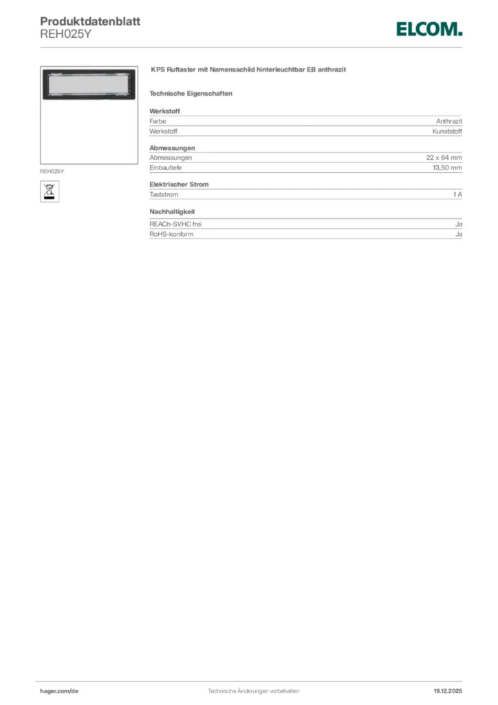 Bild Elcom Produktdatenblatt REH025Y | Hager Deutschland