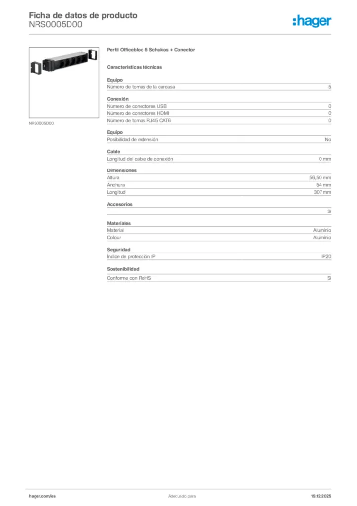 Imagen Hager Ficha de datos de producto NRS0005D00 | Hager España
