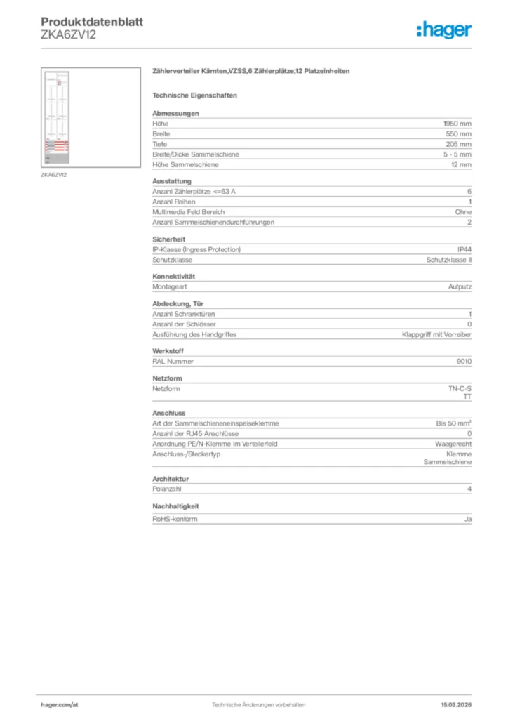 Bild Hager Produktdatenblatt ZKA6ZV12 | Hager Deutschland