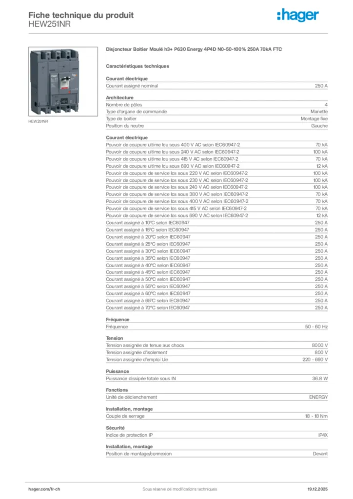 Image Hager Fiche technique du produit HEW251NR | Hager Suisse