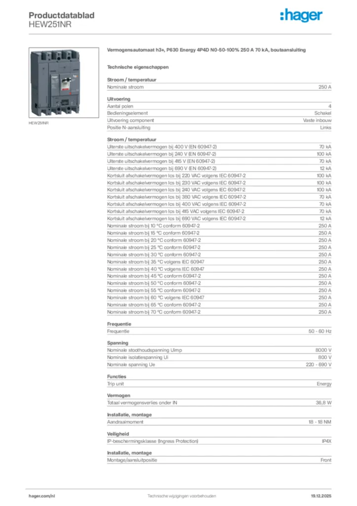 Afbeelding Hager Productdatablad HEW251NR | Hager Nederland